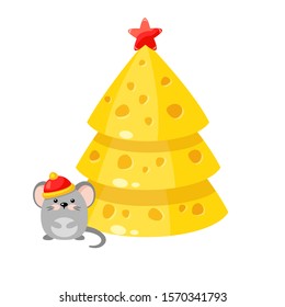 Vector cartoon christmas tree made of piece of cheese with a red star above and a mouse in a hat in front. Yellow new year tree. Cute holiday card. Decoration element