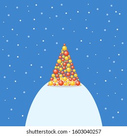 Vector cartoon christmas tree made of yellow and red balls in front of the night blue sky and snow. Cute holiday winter card. 