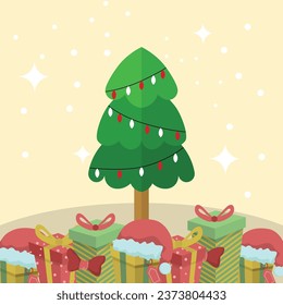 Vector Cartoon Christmas Tree With Snow and gifts