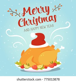 vector cartoon christmas turkey with santa hat greeting card