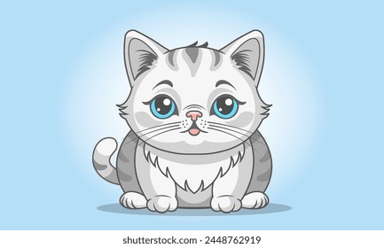 Vector cartoon chubby cute graphic cat. Sitting puss. Sweet gray pet. Blue background