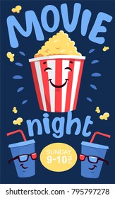 Vector cartoon cinema poster, card or flyer. Illustration of popcorn, 3d glasses, soda. Promotional film templates for ads or banners.