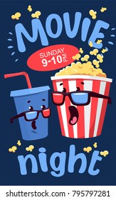 Vector cartoon cinema poster, card or flyer. Illustration of popcorn, 3d glasses, soda. Promotional film templates for ads or banners.