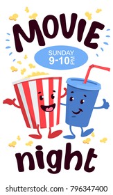 Vector cartoon cinema poster, card or flyer. Illustration of popcorn, 3d glasses, soda. Promotional film templates for ads or banners.