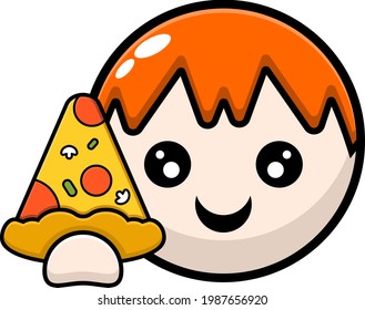Vektorkarikaturenkopf mit orangefarbenem Haar, einfaches Design, das eine Dreieckspizza hält