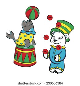 Vector cartoon circus animals. Seal and white bear.