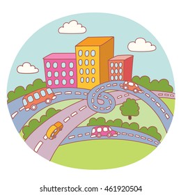 Vector cartoon city landscape with road, buildings and sky layers