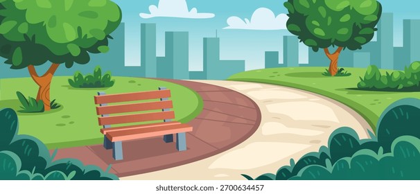 Vector Cartoon City Park with Bench Illustration in Green Landscape Scenery