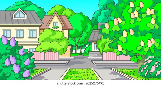 Paisaje de dibujos animados vectores.  Casas y castaños florecientes y lila.