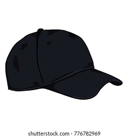Vector Cartoon Classic Black Blank Baseball Cap. Side View.