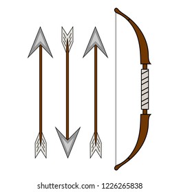 Vector Cartoon Classical Wooden Bow isolated on white background. Medieval Bow with Arrows for Computer Game Design. Vector illustration for Your Design, Game, Card.