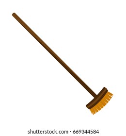 vector cartoon cleaning brush on long wooden handle. hand made wooden brush for home cleaning.