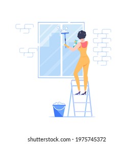 Vector cartoon cleaning company employee character at work.Domestic worker cleaner person washes window,different equipment tools,chemicals-job,work profession,web site banner ad concept