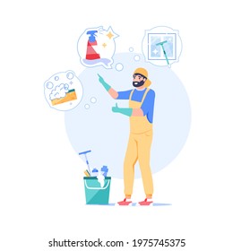 Vector Cartoon Cleaning Company Employee Character At Work.Domestic Worker Office Cleaner Person,different Equipment Tools,chemicals-cleaning Service Job,work Profession,web Site Banner Ad Concept