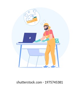 Vector Cartoon Cleaning Company Employee Character At Work.Domestic Worker Office Cleaner Person Washes Desk Workplace-cleaning Serivice Job,work Profession,web Site Banner Ad Concept