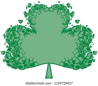 Vector cartoon clip art background template illustration of a shattering or crumbling green irish shamrock or clover. Great for Saint Patrick’s Day or athletic themes!