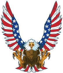 Vector Cartoon Clip Art Illustration Of A Mean Screaming Bald Eagle Flying Forward With Talons Out And Spread American Flag Wings.
