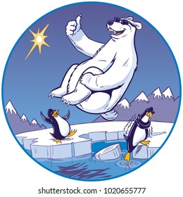 Vector cartoon clip art illustration of a cute funny polar bear mascot with sunglasses giving a thumbs up while doing a cannonball plunge. 2 penguins with shades watch from a cold Arctic background. 