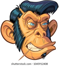 Vector cartoon clip art illustration of a tough mean chimpanzee monkey mascot head with blue eyes, a toothpick, and a hipster or greaser hair style with sideburns. Design elements on separate layers.