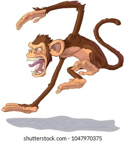 Vector cartoon clip art illustration side view of an angry chimpanzee monkey mascot jumping and yelling or screaming. Lines and colors on separate layers.