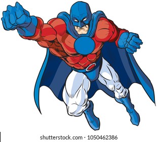 Vector cartoon clip art illustration of a muscular male superhero in a mask and cape in patriotic red white and blue colors, drawn in a comic book style flying pose. The chest emblem is left blank.