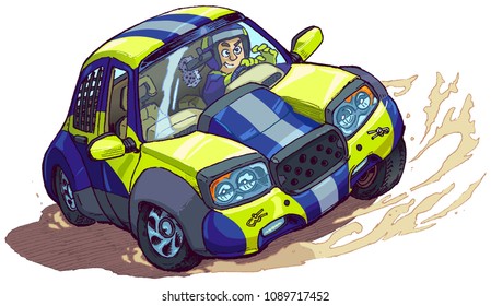 Vector cartoon clip art illustration of a rally car with driver spinning out or drifting or skidding in a race. Elements in separate layers.