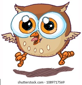 Vector cartoon clip art illustration of a cute and happy owl mascot jumping in the air and hooting.