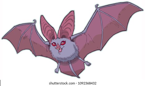 Vector cartoon clip art illustration of a cute leaf nose bat with big ears, red eyes, and spread wings. Elements in separate layers.