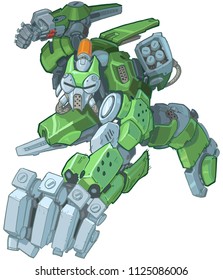 Vector Cartoon Clip Art Illustration Of A Tough Humanoid Green Soldier Robot Mascot Jumping And Throwing A Punch In A Manga Comic Book Style. Lines And Colors On Separate Layers.