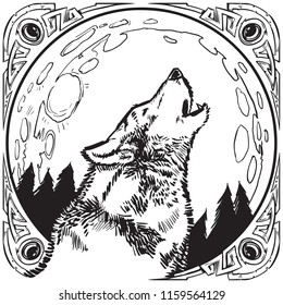 Vector cartoon clip art illustration of a howling wolf head in front of a full moon at night with a trees contained in an ornate jeweled frame or border in a black and white ink drawing style.