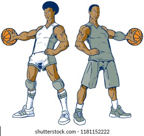 Vector cartoon clip art illustration of a set of two African American basketball players, one modern, one retro from the 70s, palming the ball. Uniform and ball color elements are on separate layers.