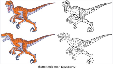 Vector cartoon clip art illustration of a tough mean running velociraptor dinosaur mascot set with head in side and front views. In color and black and white.