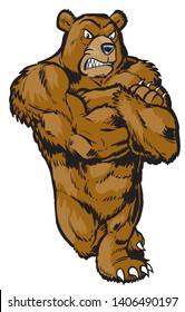 Vector cartoon clip art illustration of a tough mean muscular cartoon bear mascot in a leaning pose.