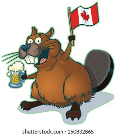 Vector cartoon clip art illustration of a cute, happy cartoon beaver holding a mug of beer and a canadian Flag. The beverage is on a separate layer if you wish to remove it.