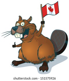 Vector cartoon clip art illustration of a cute, happy cartoon beaver waving a Canadian flag and giving a thumbs up.