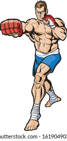 Vector cartoon clip art illustration of a tough mean caucasian mma fighter throwing a right cross punch toward the viewer. Drawn in a comic book style.