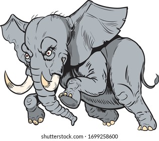Vector cartoon clip art illustration of a charging angry African elephant mascot in separate layers.