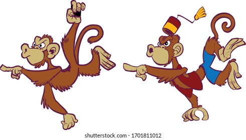 Vector cartoon clip art illustration set two angry monkey mascots  one wild  one domesticated in costume  one hanging   pointing  one jumping   pointing  in separate layers 
