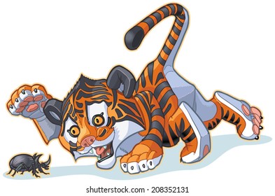 Vector Cartoon Clip Art Illustration of a Cute Tiger Cub Playing with a Rhinoceros Beetle.