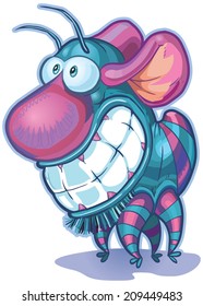 Vector cartoon clip art illustration of a cute and funny imaginary creature or monster. It has a big nose, big teeth, mouse ears, and a body and antennae like a bug.