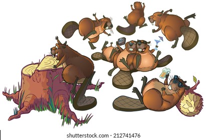 Vector Cartoon Clip Art illustration of a group of cute beavers having a party or celebrating. The file is organized into layers for easy editing.