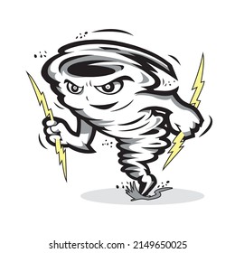 Vector Cartoon Clip Art Illustration Of A Tough Thundercloud Or Storm Cloud Mascot With Lightning Bolts And A Tornado Funnel Kicking Up Dust And Debris.