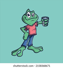Vector cartoon clip art illustration of a frog holding a glass. design vector