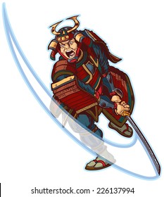 Vector cartoon clip art illustration of an angry or mean looking Samurai slashing with his katana sword.