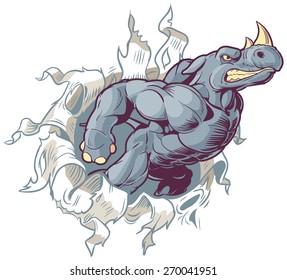 Vector Cartoon Clip Art Illustration of an Anthropomorphic Mascot Rhino Ripping Through a Paper Background.