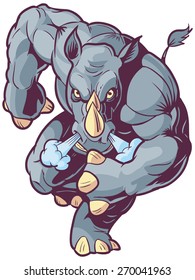 Vector Cartoon Clip Art Illustration of an Anthropomorphic Rhinoceros Mascot Charging Forward