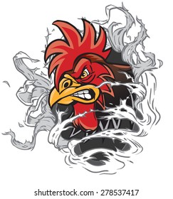 Vector cartoon clip art illustration of a rooster or gamecock or chanticleer mascot head ripping through the background. Character art is on a separate layer.