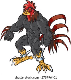 Vector cartoon clip art illustration of an angry muscular rooster or gamecock or chanticleer mascot with spurs and a determined scowl.