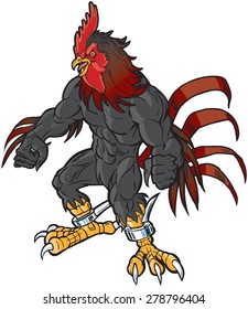 Vector cartoon clip art illustration of an angry muscular rooster or gamecock or chanticleer mascot with spurs and a realistic head.