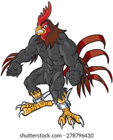 Vector cartoon clip art illustration of an angry muscular rooster or gamecock or chanticleer mascot with spurs and a semi-realistic head.